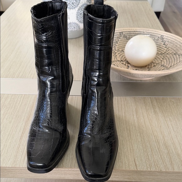 Halston Heritage Black Croc-Embossed Western Ankle Boots - Picture 2 of 3